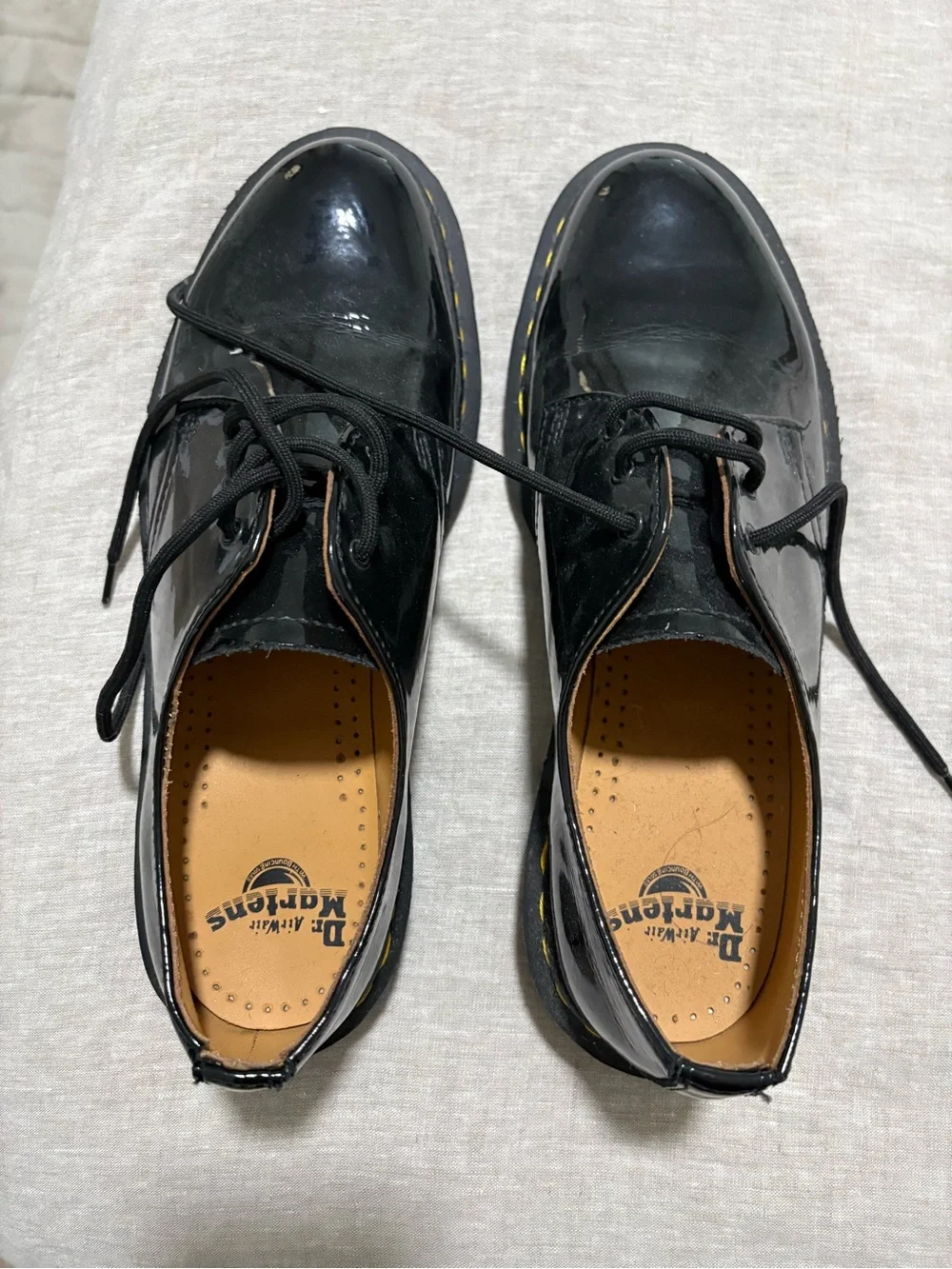 Dr. Martens Black Patent 3-Eye Derby Shoes with Yellow Stitching